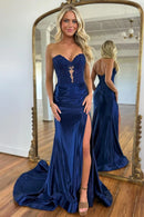 Glamorous Mermaid Strapless Sleeveless Open-Back High-Slit Court Train Evening Dress