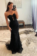 Glamorous Mermaid Strapless Sleeveless Open Back Sweep Train Black Lace Evening Dresses
