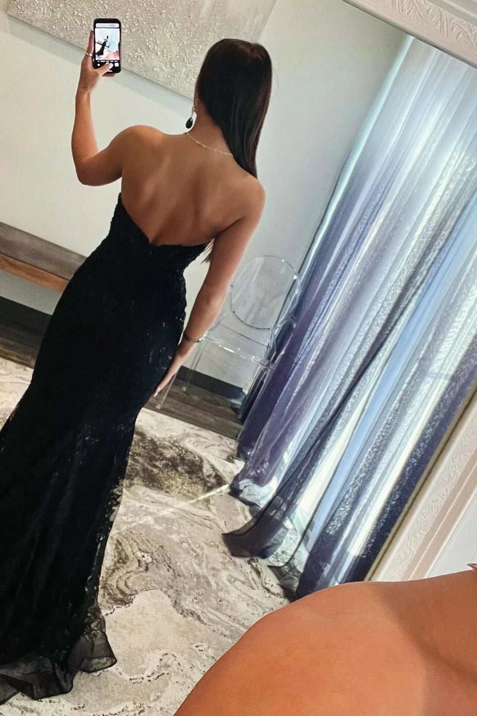 Glamorous Mermaid Strapless Sleeveless Open Back Sweep Train Black Lace Evening Dresses