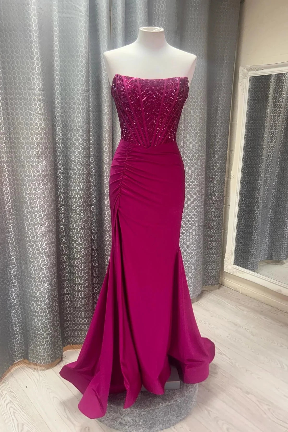 Glamorous Mermaid Strapless Sleeveless Open Back Sweep Train Fuchsia Beaded Stretch Evening Dresses