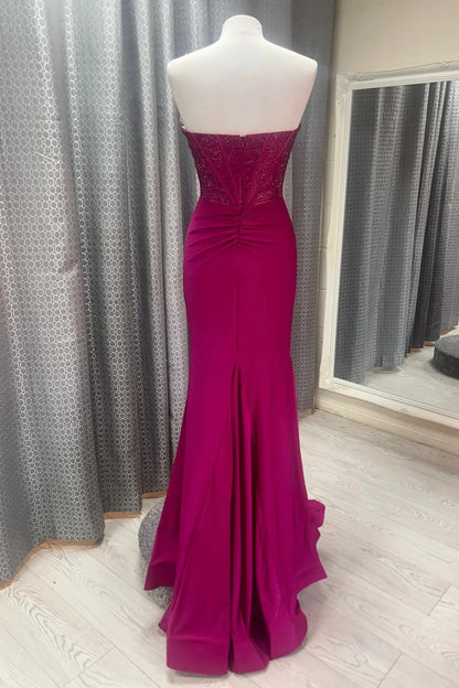 Glamorous Mermaid Strapless Sleeveless Open Back Sweep Train Fuchsia Beaded Stretch Evening Dresses