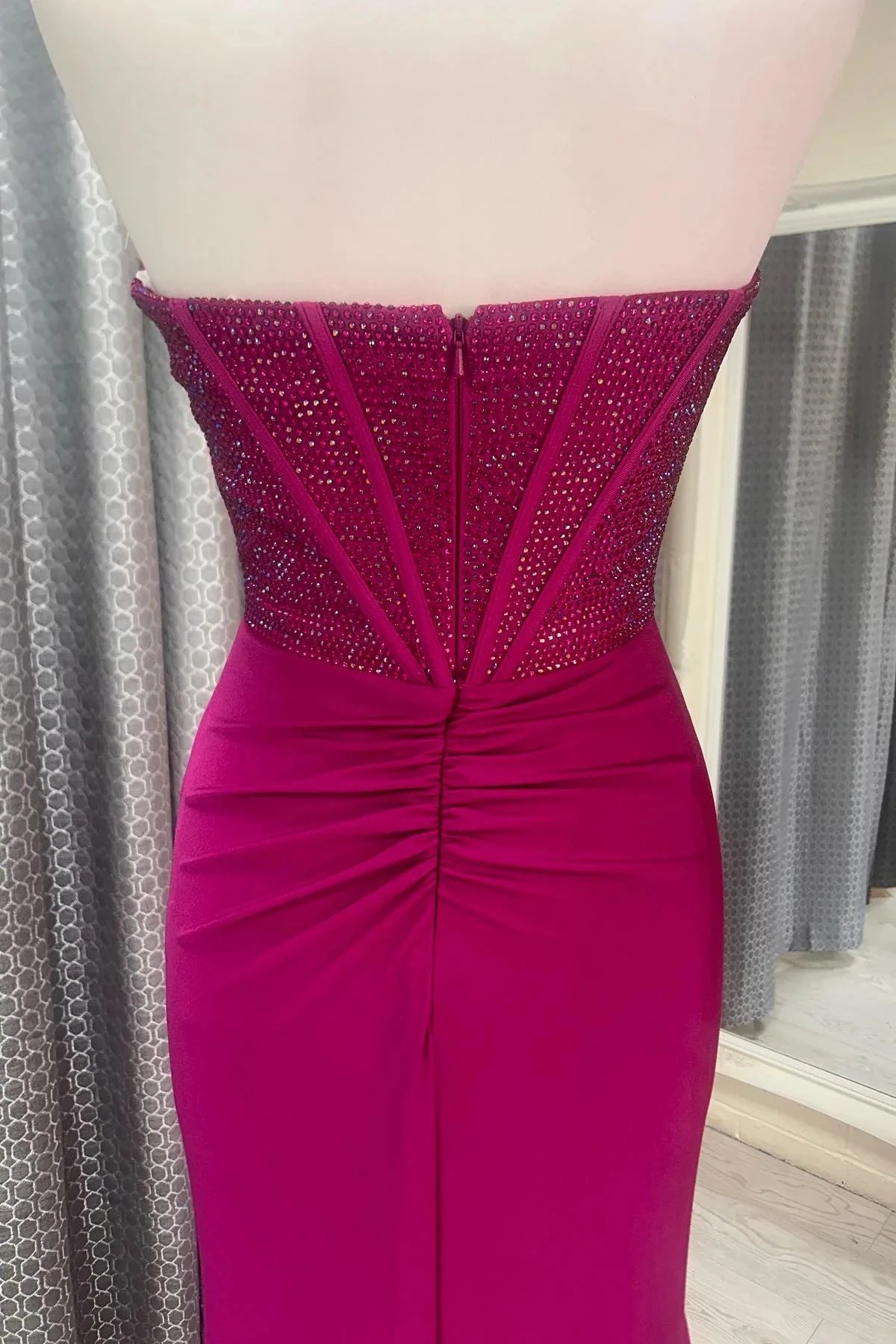 Glamorous Mermaid Strapless Sleeveless Open Back Sweep Train Fuchsia Beaded Stretch Evening Dresses