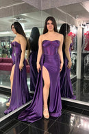 Glamorous Mermaid Strapless Sleeveless Open Back Sweep Train Purple Satin Evening Dresses