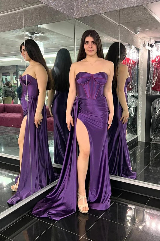 Glamorous Mermaid Strapless Sleeveless Open Back Sweep Train Purple Satin Evening Dresses