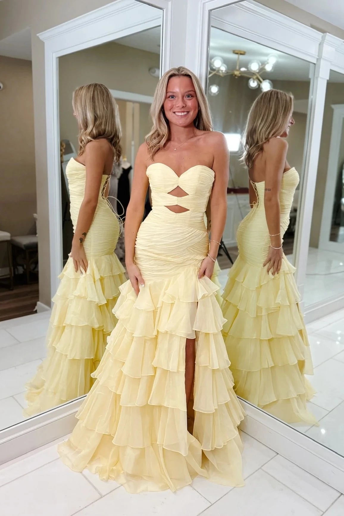 Glamorous Mermaid Strapless Sweetheart Lace-Up-Back Cutout Tiered-Ruffle Evening Dress