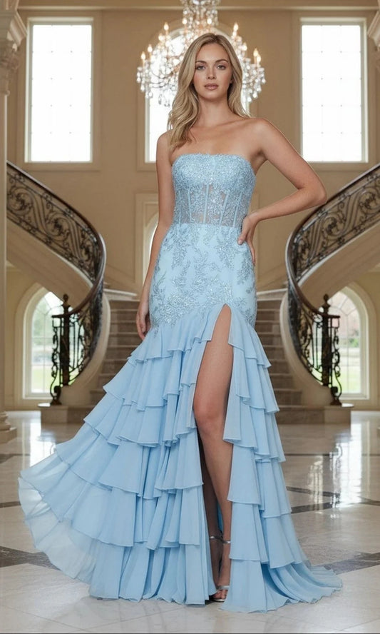 Glamorous Mermaid Strapless Sweetheart Lace-Up-Back High-Slit Floor-Length Prom Dress