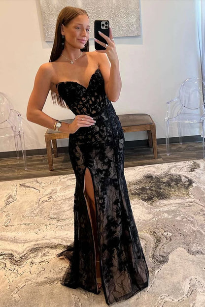 Glamorous Mermaid Strapless Sweetheart Lace-Up-Back High-Slit Maxi Evening Dress
