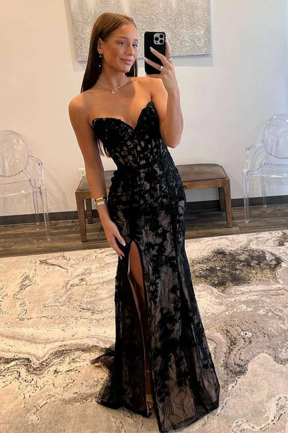 Glamorous Mermaid Strapless Sweetheart Lace-Up-Back High-Slit Maxi Evening Dress
