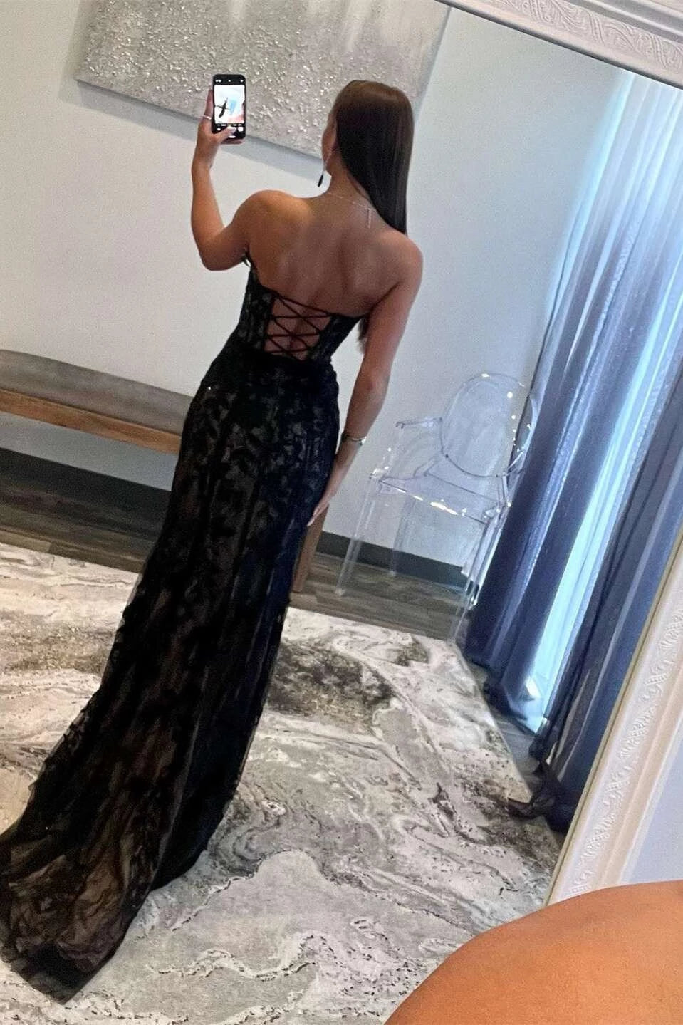 Glamorous Mermaid Strapless Sweetheart Lace-Up-Back High-Slit Maxi Evening Dress
