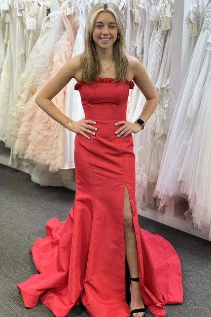 Glamorous Mermaid Strapless Sweetheart Lace-Up-Back High-Slit Train Evening Dress