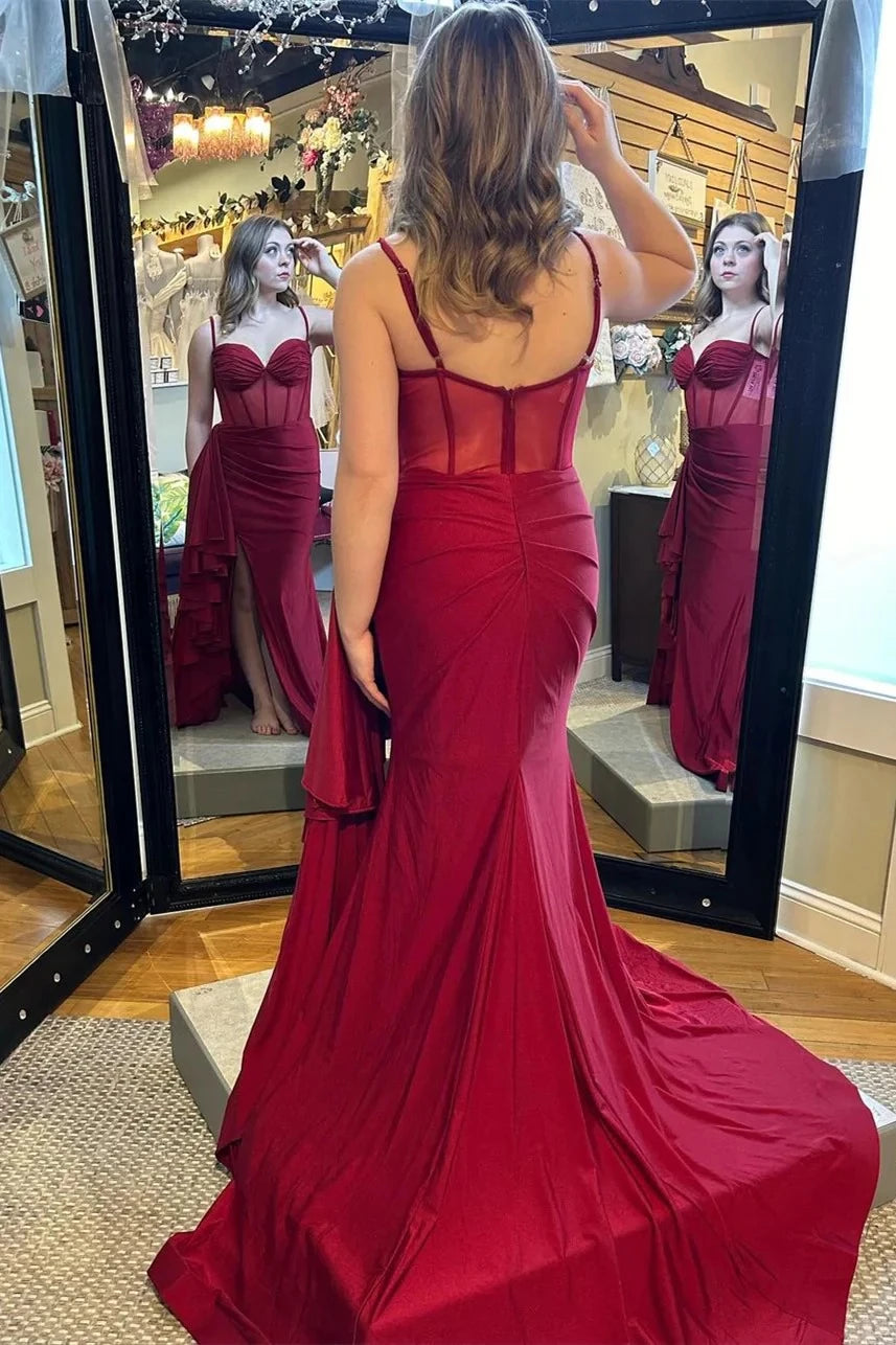 Glamorous Mermaid Sweetheart Sleeveless Corset Back High Slit Evening Dresses