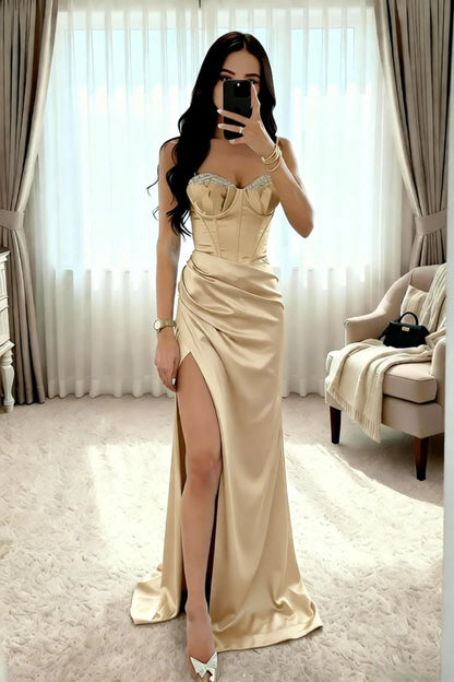 Glamorous Mermaid Sweetheart Spaghetti-Strap Lace-Up-Back High-Slit Train Evening Dress
