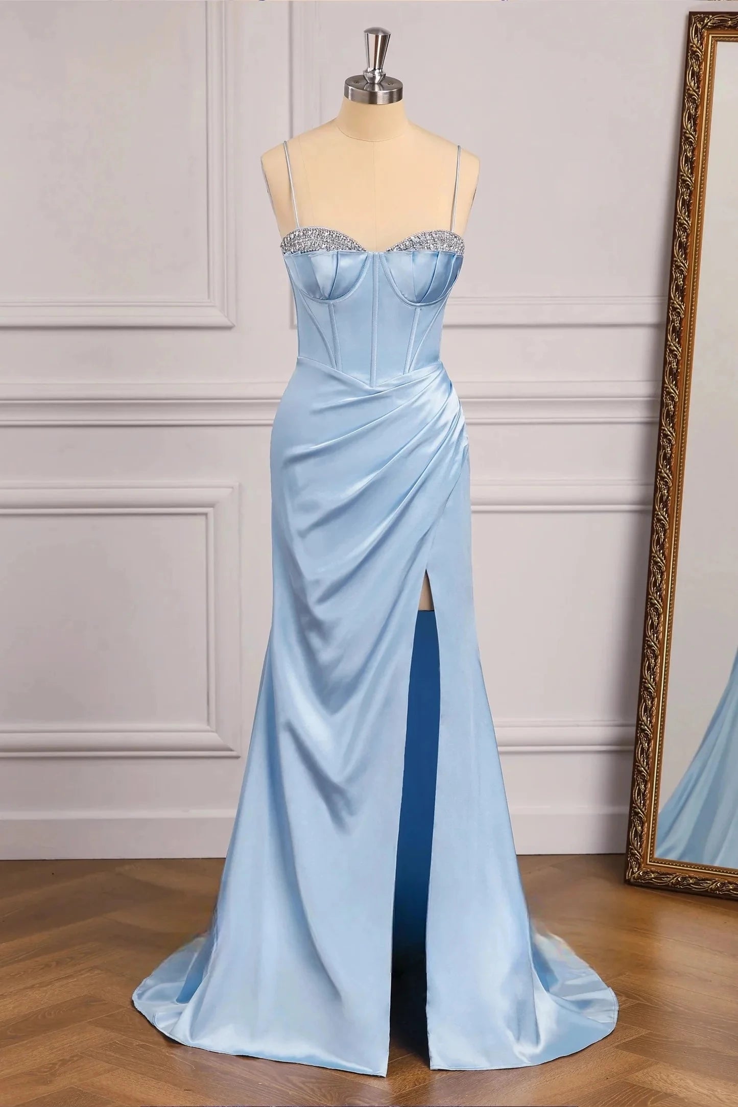 Glamorous Mermaid Sweetheart Spaghetti-Strap Lace-Up-Back High-Slit Train Evening Dress