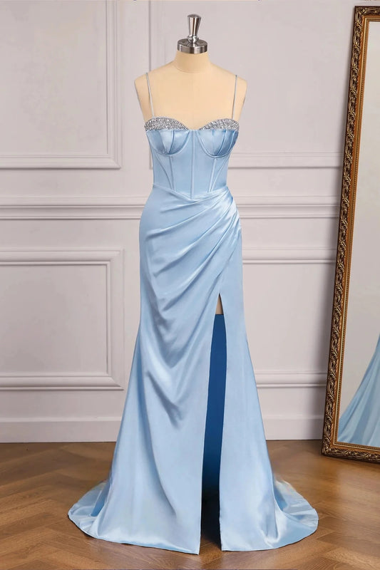 Glamorous Mermaid Sweetheart Spaghetti-Strap Lace-Up-Back High-Slit Train Evening Dress