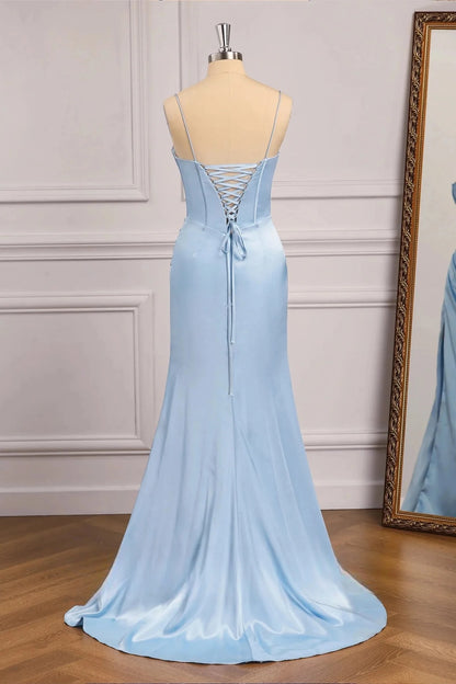 Glamorous Mermaid Sweetheart Spaghetti-Strap Lace-Up-Back High-Slit Train Evening Dress