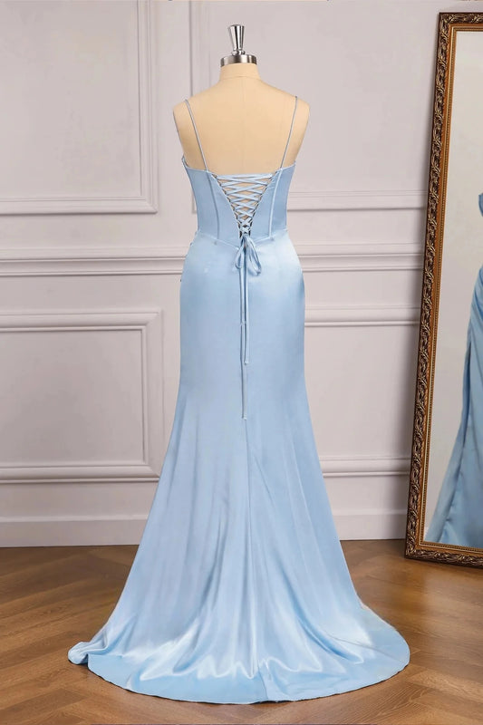 Glamorous Mermaid Sweetheart Spaghetti-Strap Lace-Up-Back High-Slit Train Evening Dress