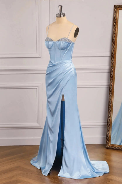 Glamorous Mermaid Sweetheart Spaghetti-Strap Lace-Up-Back High-Slit Train Evening Dress