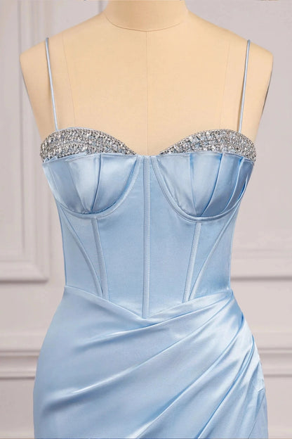 Glamorous Mermaid Sweetheart Spaghetti-Strap Lace-Up-Back High-Slit Train Evening Dress