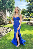 Glamorous Mermaid Sweetheart Spaghetti Straps Lace Up Back Floor-Length Royal Blue Lace Evening Dresses