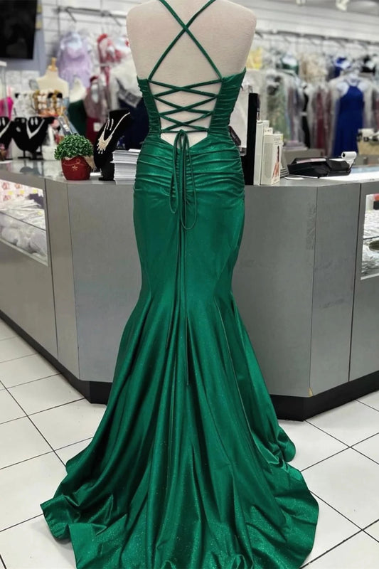 Glamorous Mermaid Sweetheart Spaghetti Straps Lace Up Back Sweep Train Emerald Green Metallic Satin Evening Dresses