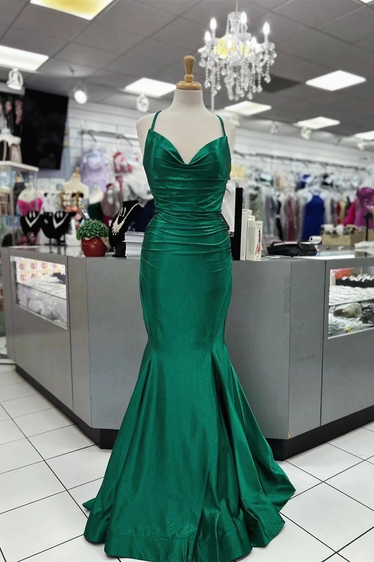 Glamorous Mermaid Sweetheart Spaghetti Straps Lace Up Back Sweep Train Emerald Green Metallic Satin Evening Dresses