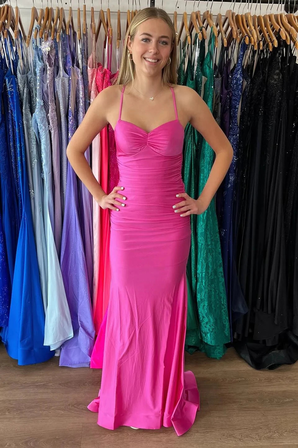 Glamorous Mermaid Sweetheart Spaghetti Straps Lace Up Back Sweep Train Hot Pink Jersey Evening Dresses