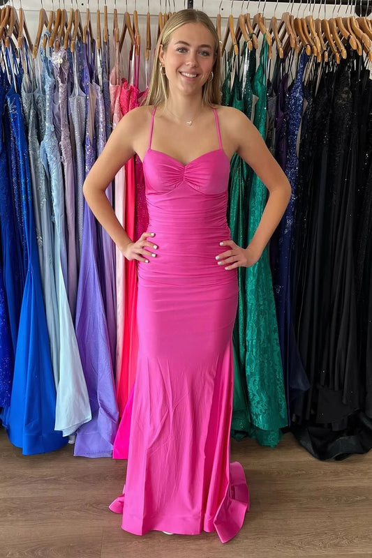 Glamorous Mermaid Sweetheart Spaghetti Straps Lace Up Back Sweep Train Hot Pink Jersey Evening Dresses