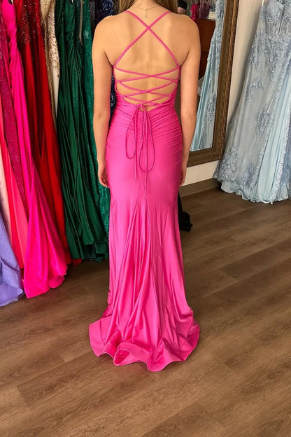 Glamorous Mermaid Sweetheart Spaghetti Straps Lace Up Back Sweep Train Hot Pink Jersey Evening Dresses