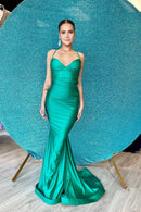 Glamorous Mermaid Sweetheart Spaghetti Straps Lace Up Back Sweep Train Teal Satin Evening Dresses