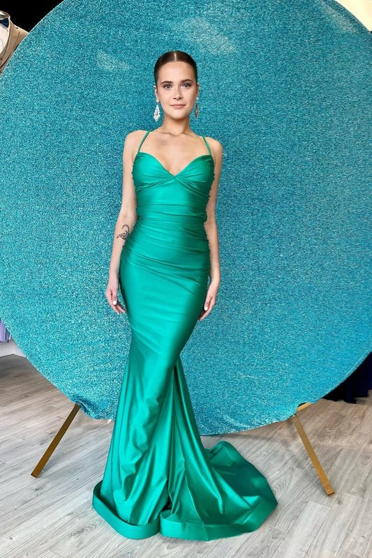 Glamorous Mermaid Sweetheart Spaghetti Straps Lace Up Back Sweep Train Teal Satin Evening Dresses