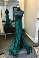 Glamorous Mermaid Sweetheart Spaghetti Straps Lace Up Back Sweep Train Teal Sequin Satin Evening Dresses