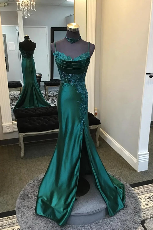 Glamorous Mermaid Sweetheart Spaghetti Straps Lace Up Back Sweep Train Teal Sequin Satin Evening Dresses