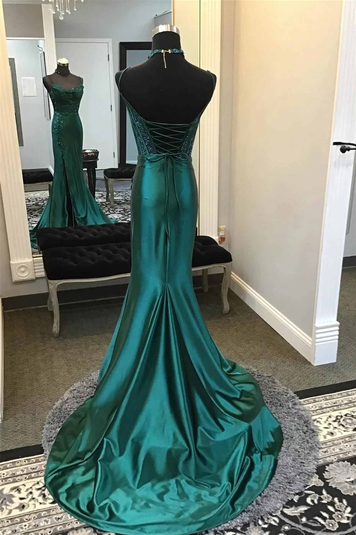 Glamorous Mermaid Sweetheart Spaghetti Straps Lace Up Back Sweep Train Teal Sequin Satin Evening Dresses
