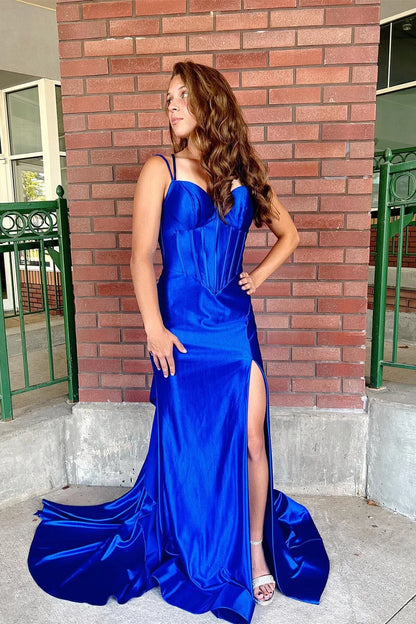 Glamorous Mermaid Sweetheart Spaghetti Straps Open Back Sweep Train Royal Blue Satin Evening Dresses