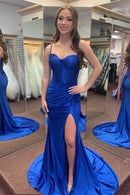 Glamorous Mermaid Sweetheart Spaghetti Straps Ruched Back Sweep Train Royal Blue Satin Evening Dresses