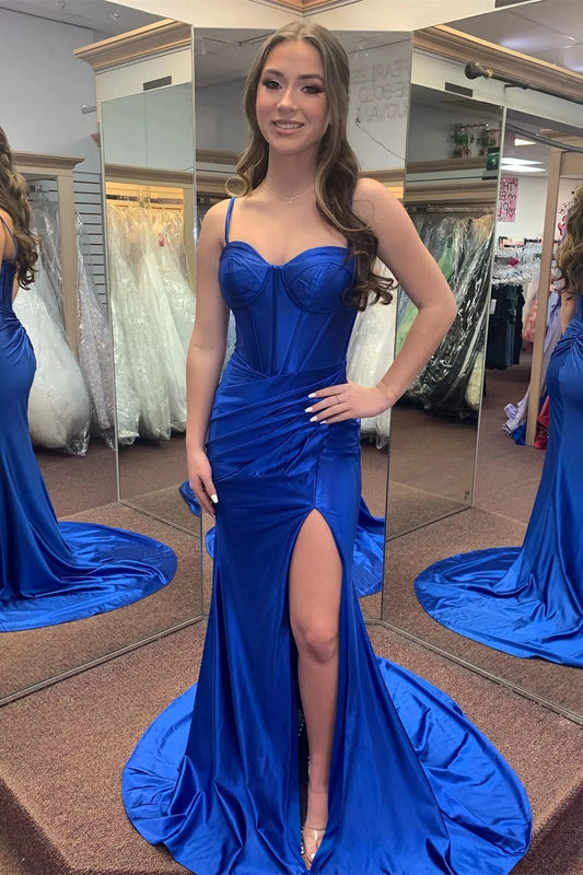 Glamorous Mermaid Sweetheart Spaghetti Straps Ruched Back Sweep Train Royal Blue Satin Evening Dresses