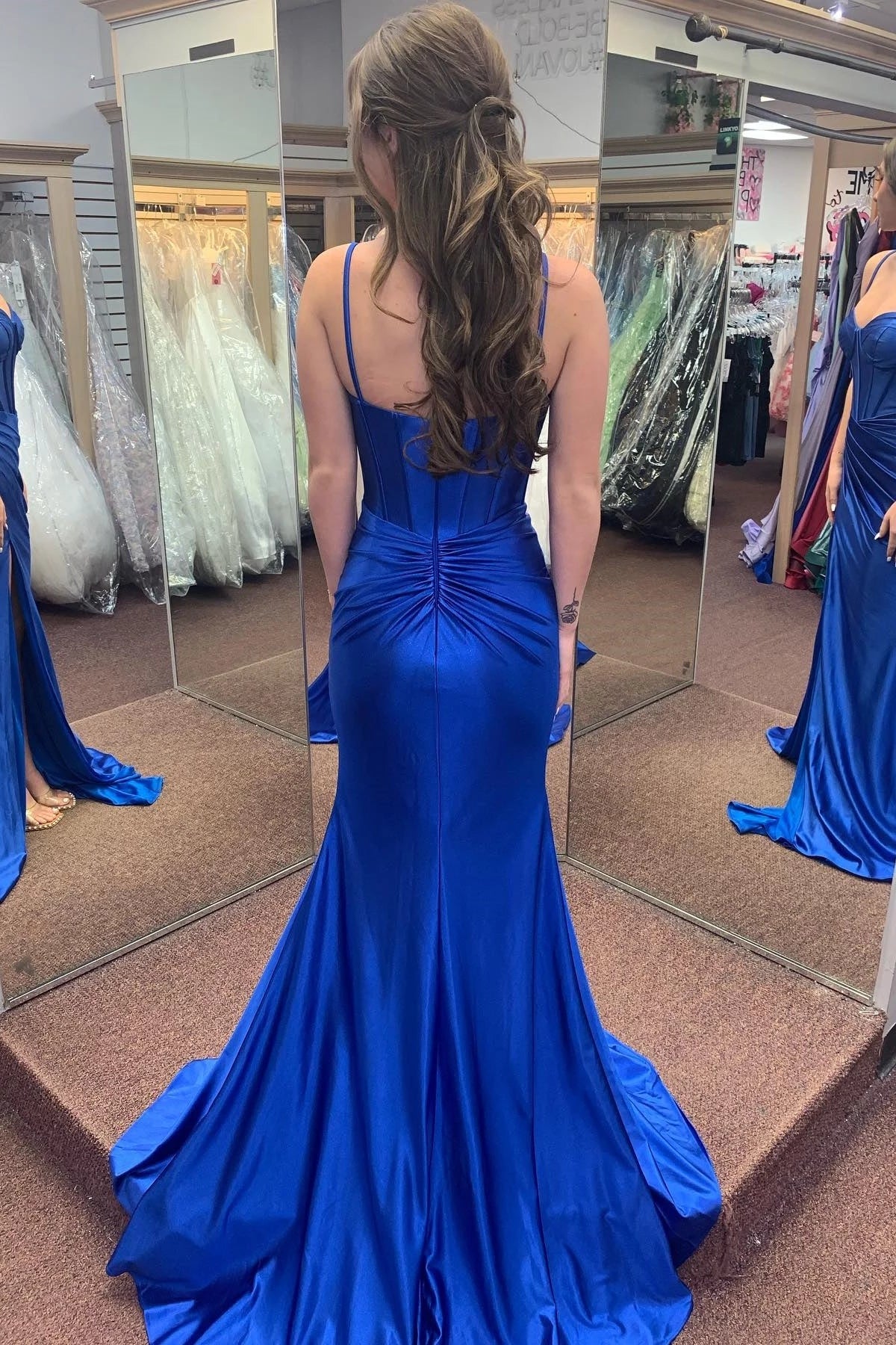 Glamorous Mermaid Sweetheart Spaghetti Straps Ruched Back Sweep Train Royal Blue Satin Evening Dresses