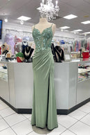 Glamorous Mermaid Sweetheart Spaghetti Straps Ruched Back Sweep Train Sage Green Sequin Velvet Evening Dresses