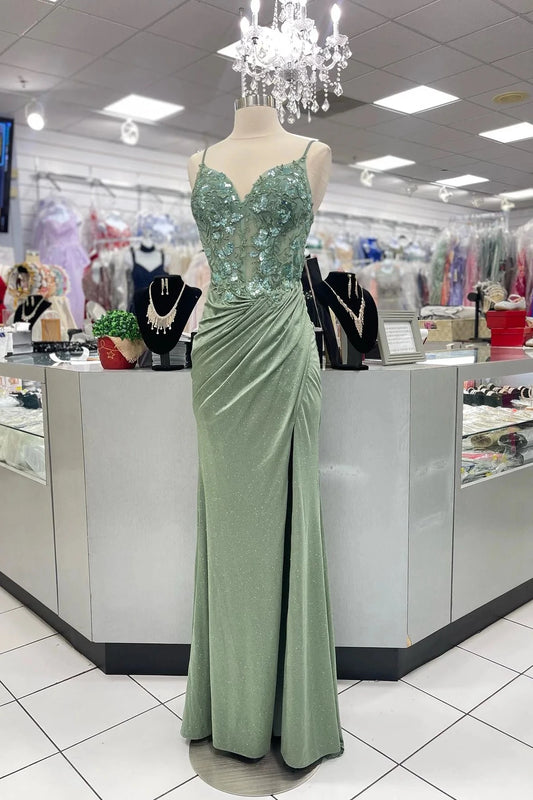 Glamorous Mermaid Sweetheart Spaghetti Straps Ruched Back Sweep Train Sage Green Sequin Velvet Evening Dresses