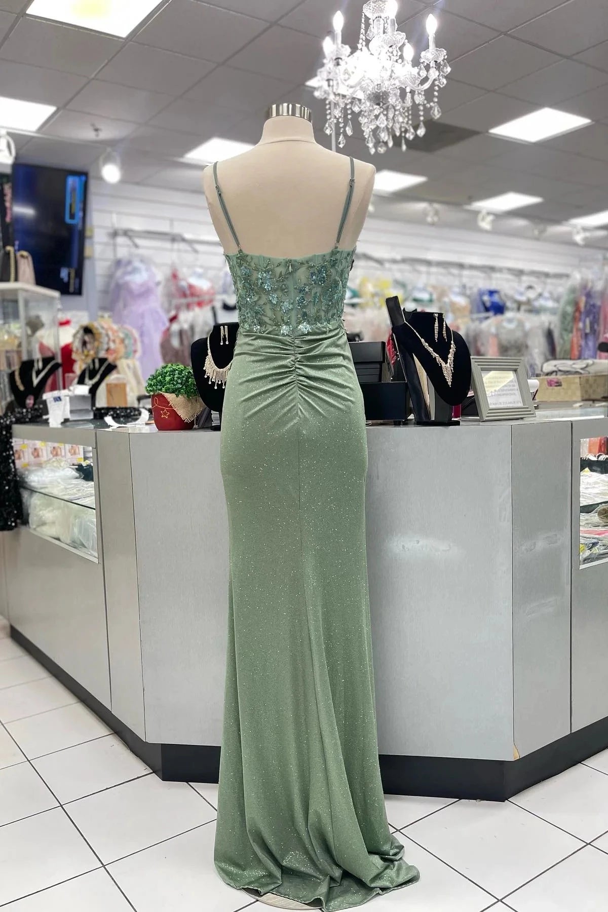 Glamorous Mermaid Sweetheart Spaghetti Straps Ruched Back Sweep Train Sage Green Sequin Velvet Evening Dresses