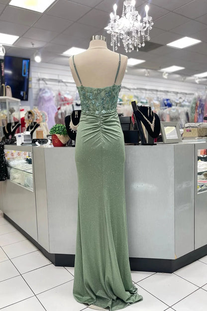 Glamorous Mermaid Sweetheart Spaghetti Straps Ruched Back Sweep Train Sage Green Sequin Velvet Evening Dresses