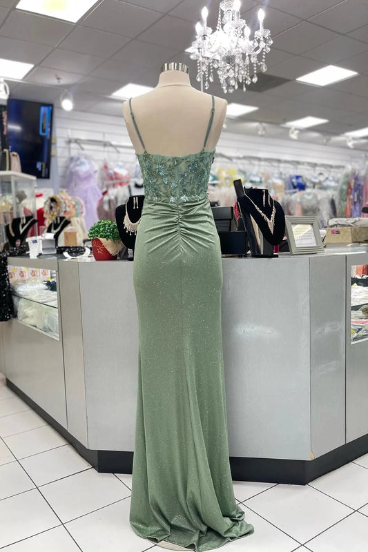 Glamorous Mermaid Sweetheart Spaghetti Straps Ruched Back Sweep Train Sage Green Sequin Velvet Evening Dresses