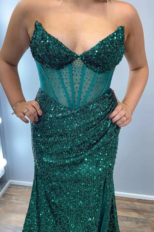 Glamorous Mermaid Sweetheart Strapless Lace Up Back Floor-Length Emerald Green Sequin Evening Dresses