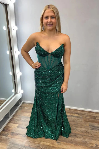 Glamorous Mermaid Sweetheart Strapless Lace Up Back Floor-Length Emerald Green Sequin Evening Dresses