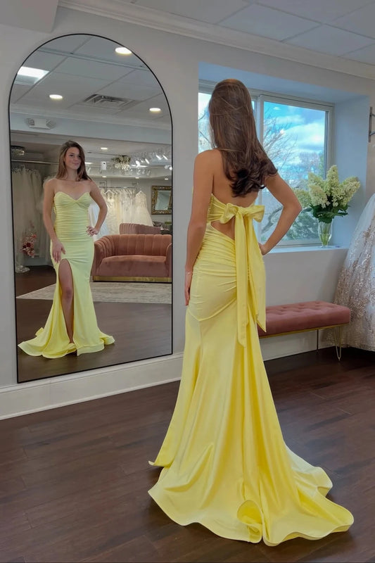 Glamorous Mermaid Sweetheart Strapless Sleeveless Bow Back Floor-Length Yellow Jersey Evening Dresses