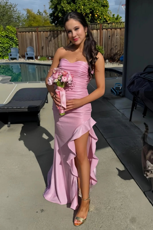 Glamorous Mermaid Sweetheart Strapless Sleeveless Lace Up Back Floor-Length Blush Pink Satin Evening Dresses