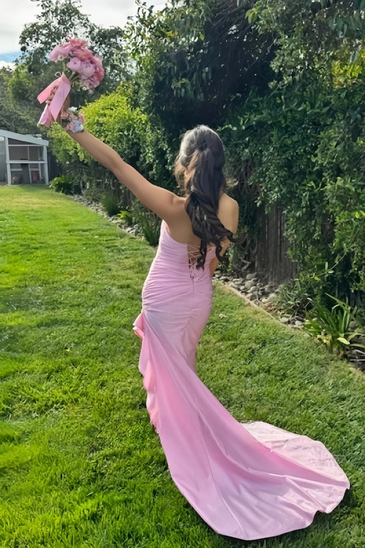 Glamorous Mermaid Sweetheart Strapless Sleeveless Lace Up Back Floor-Length Blush Pink Satin Evening Dresses