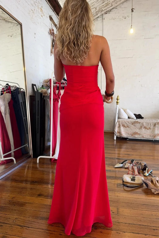 Glamorous Mermaid Sweetheart Strapless Sleeveless Open Back Floor-Length Red Chiffon Evening Dresses