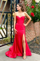 Glamorous Mermaid Sweetheart Strapless Sleeveless Open Back Sweep Train Red Satin Evening Dresses
