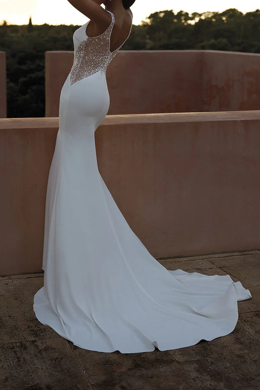Glamorous Mermaid V-Neck Sleeveless Beaded-Back Train-Length Wedding Dress